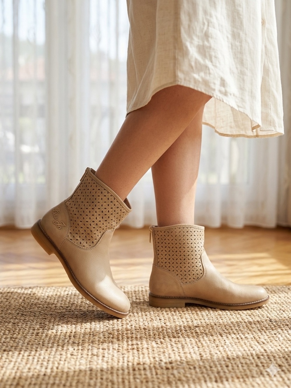 Liu Jo Leather Ankle Booties Beige Perforated Side Zip Made in Italy EU 37